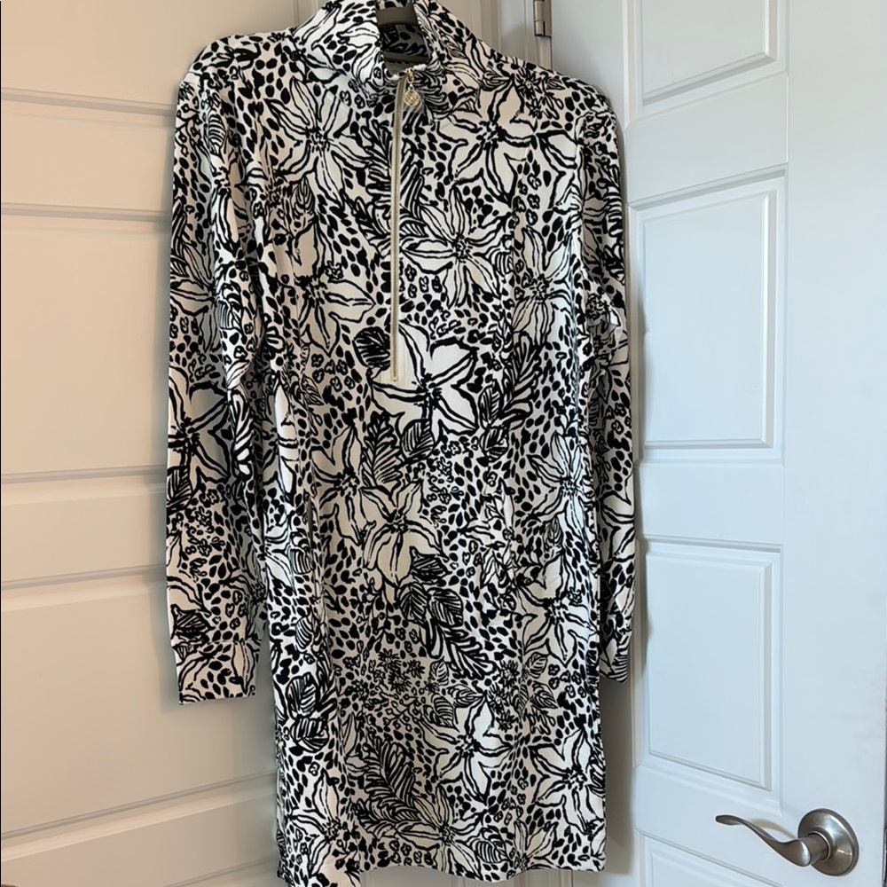 NWT Lilly Pulitzer Black & White Floral Zip-Front Long Sleeve Dress